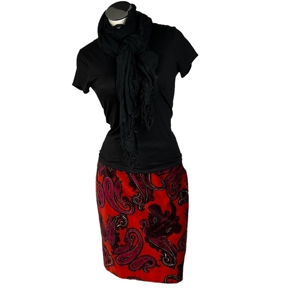 TALBOTS Orange Velvet Purple Paisley Pencil Midi Skirt Size 2 - Picture 3 of 15